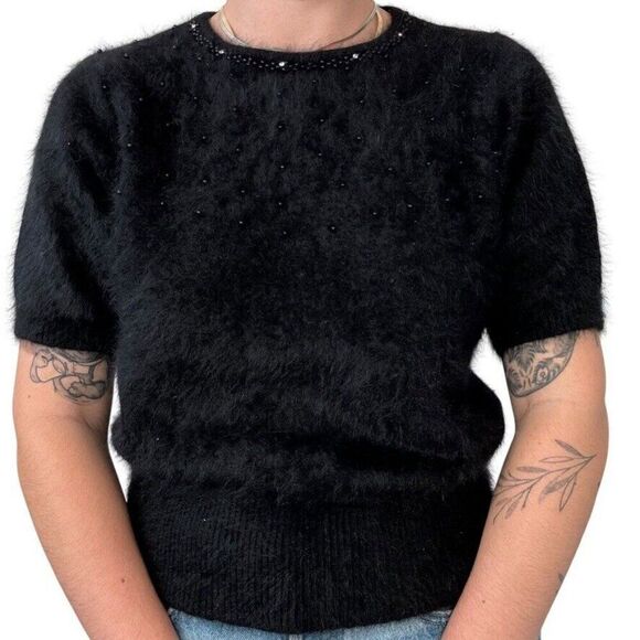 Vintage Womens Rosamela Black Angora Blend Fluffy Soft Short Sleeve Sweater Sz M - Picture 4 of 8